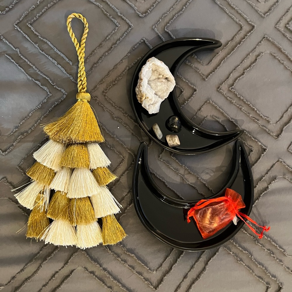 Tasseled Door Decoration From Anthropologie And Two Crescent Moon Trinket Dishes